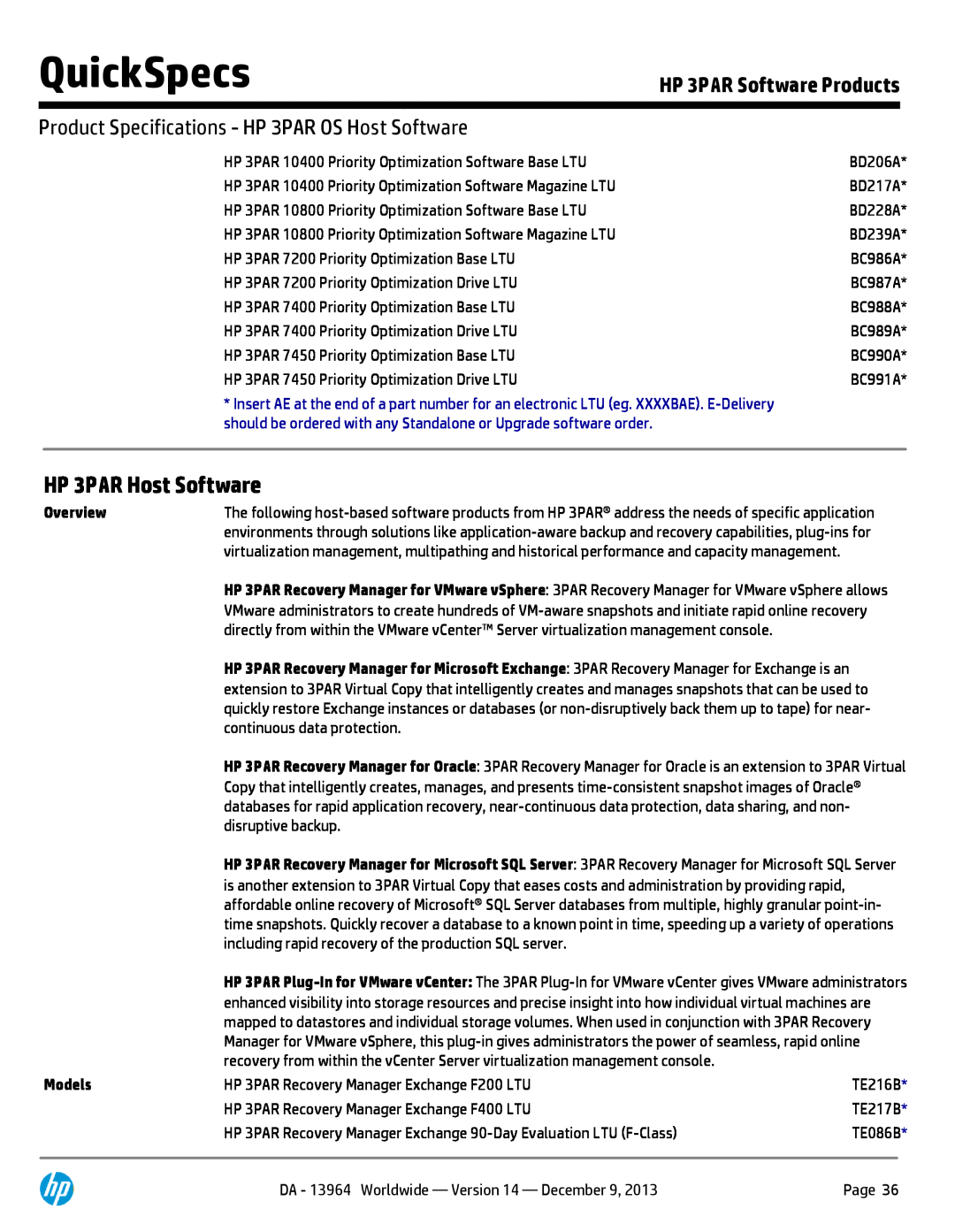 HP 7200 BC767A manual HP 3PAR Host Software, QuickSpecs, HP 3PAR Software Products, Overview, Models 