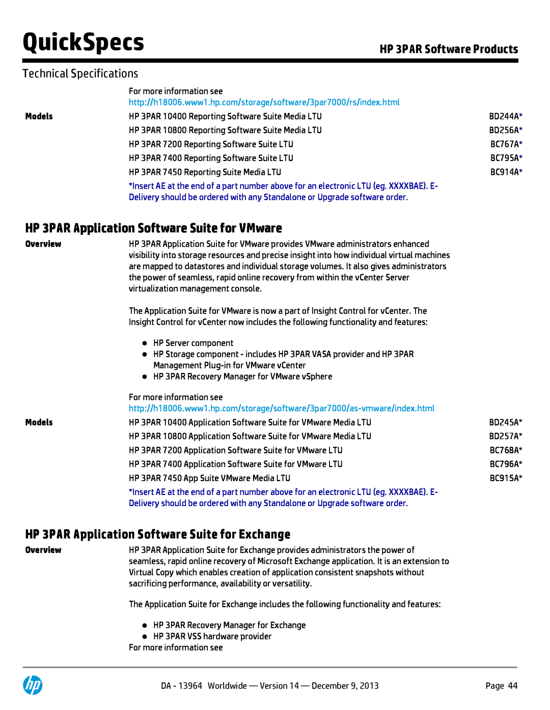 HP 7200 BC767A HP 3PAR Application Software Suite for VMware, HP 3PAR Application Software Suite for Exchange, QuickSpecs 