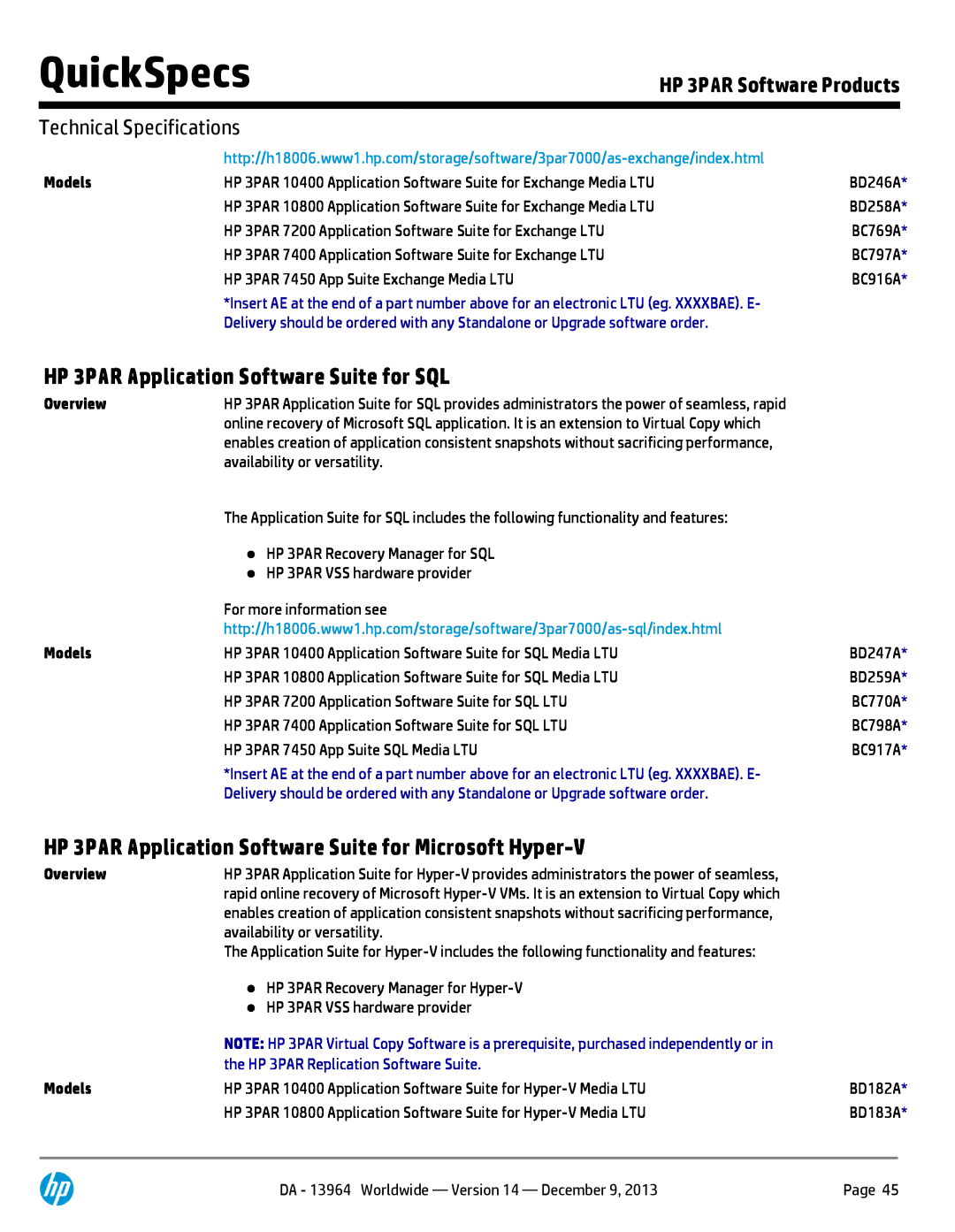 HP 7200 BC767A manual HP 3PAR Application Software Suite for SQL, HP 3PAR Application Software Suite for Microsoft Hyper-V 