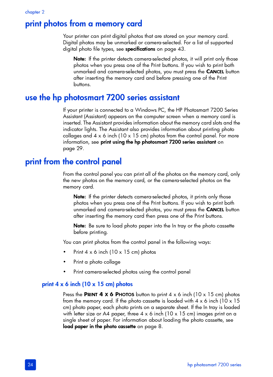 HP manual Print photos from a memory card, Use the hp photosmart 7200 series assistant, Print from the control panel 