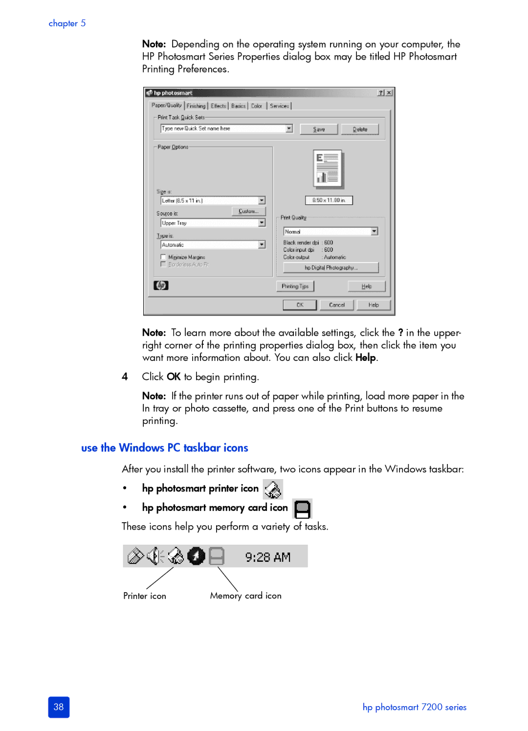 HP 7200 manual Use the Windows PC taskbar icons 