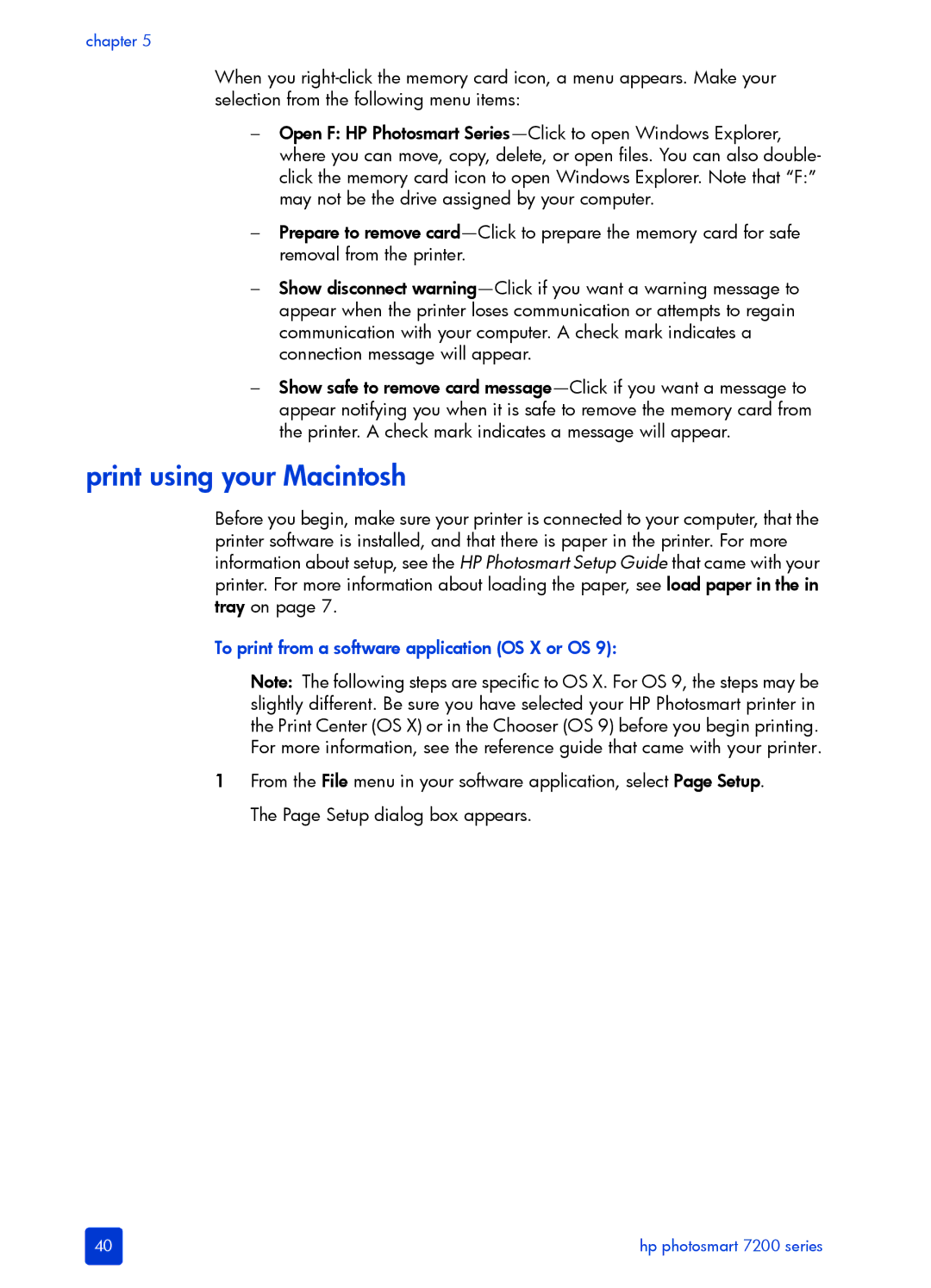 HP 7200 manual Print using your Macintosh, To print from a software application OS X or OS 