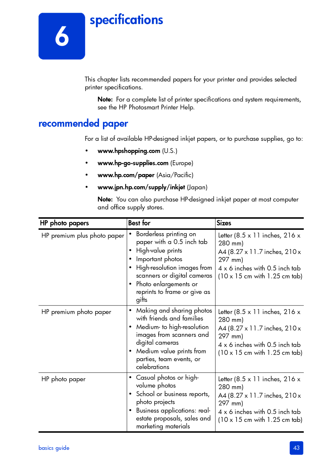 HP 7200 manual Specifications, Recommended paper 