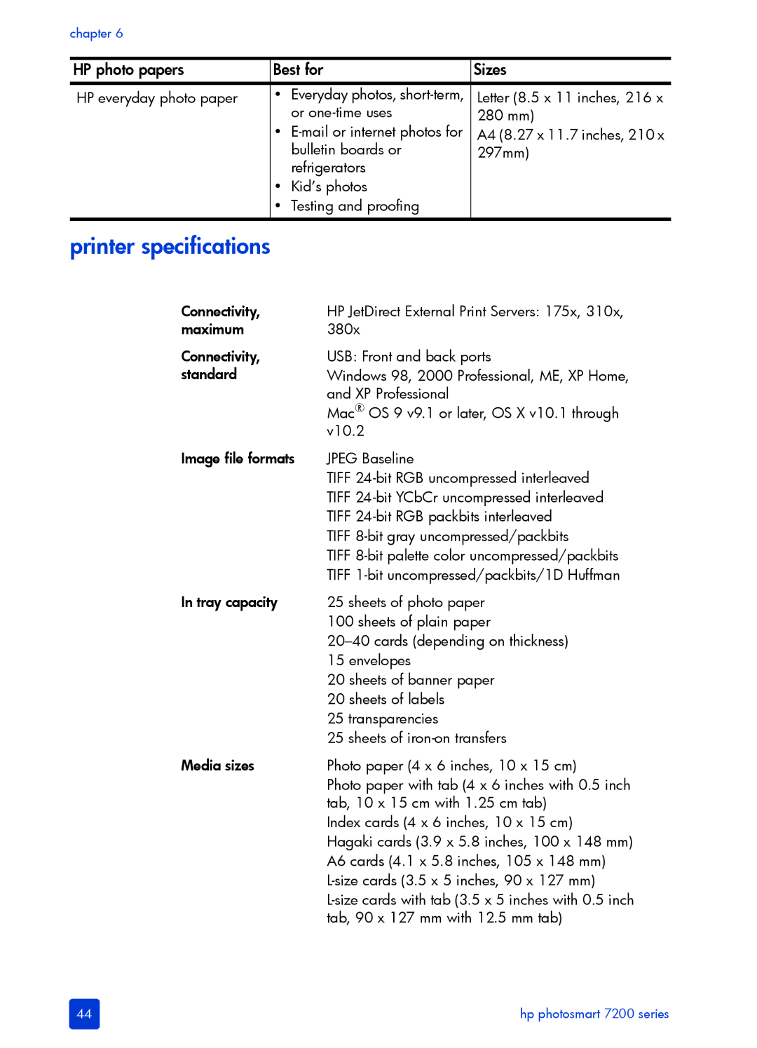 HP 7200 manual Printer specifications 