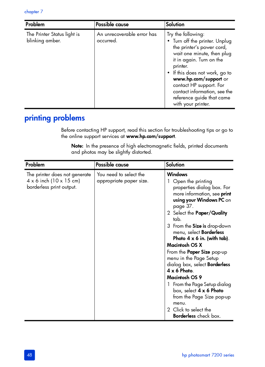 HP 7200 manual Printing problems 