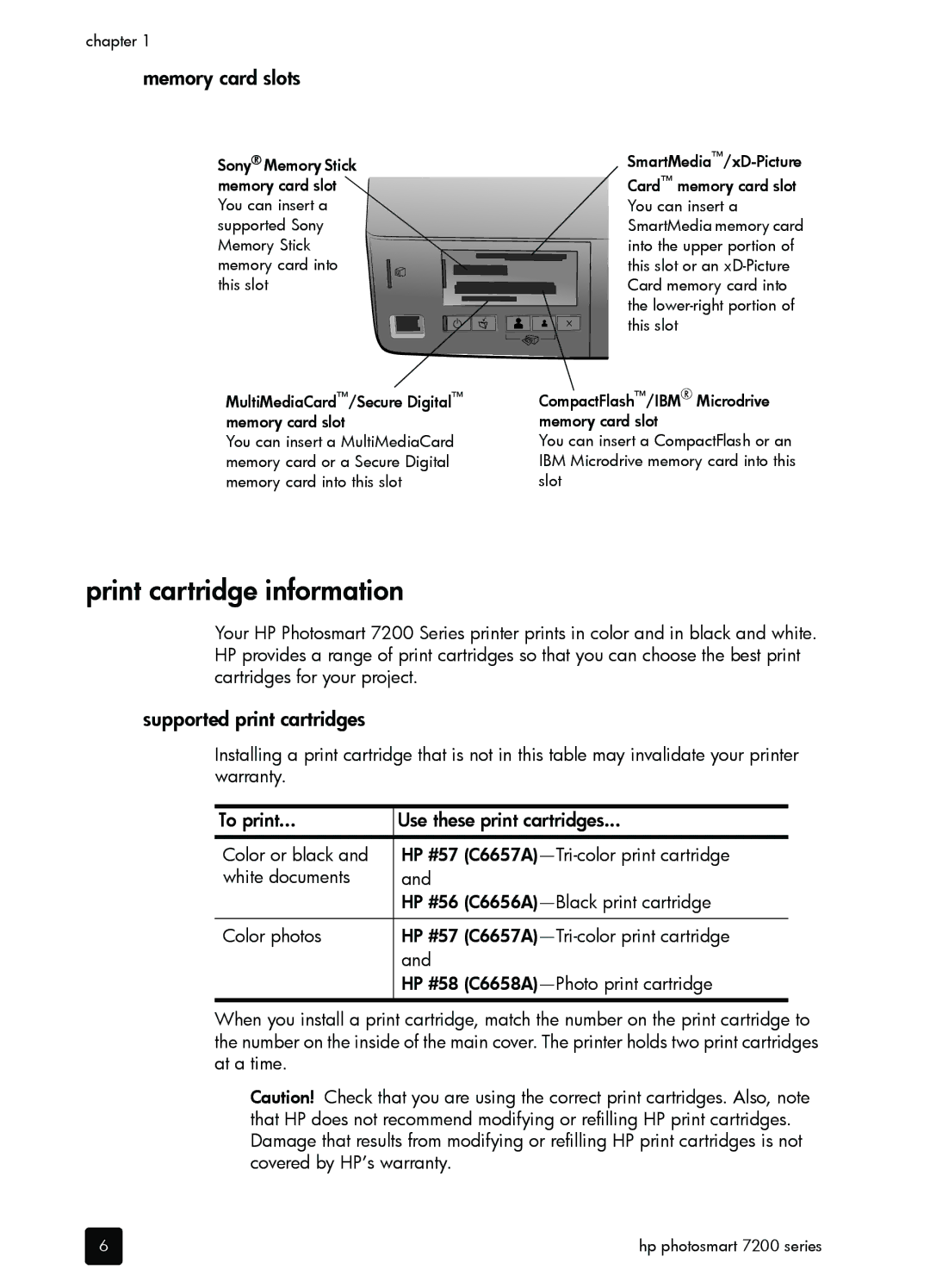 HP 7200 Print cartridge information, Memory card slots, Supported print cartridges, To print Use these print cartridges 