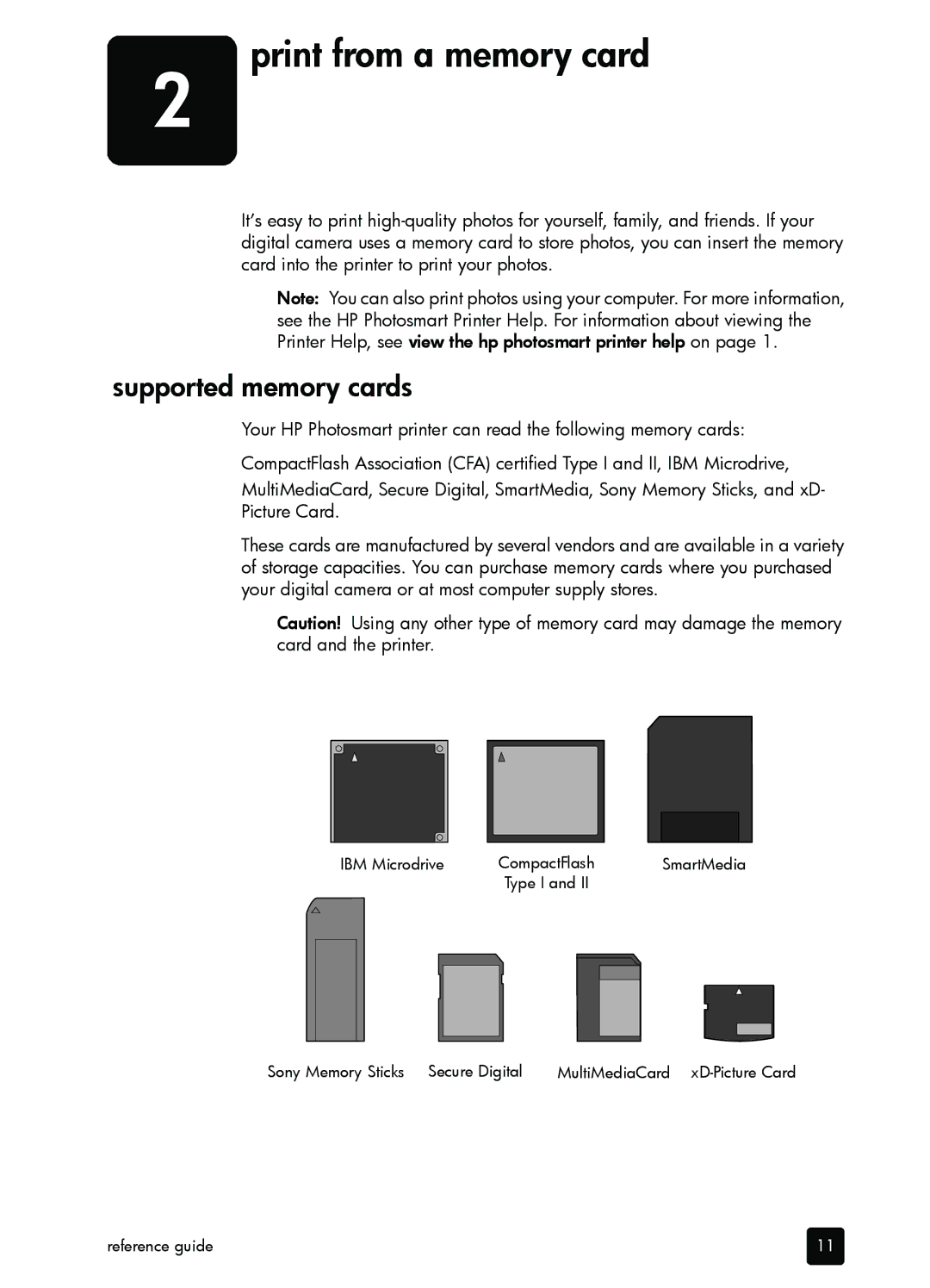 HP 7200 manual Print from a memory card, Supported memory cards 