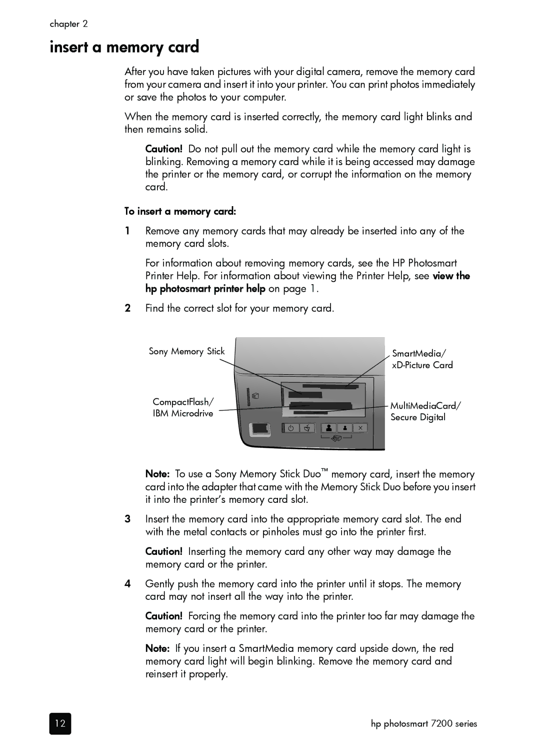 HP 7200 manual Insert a memory card 