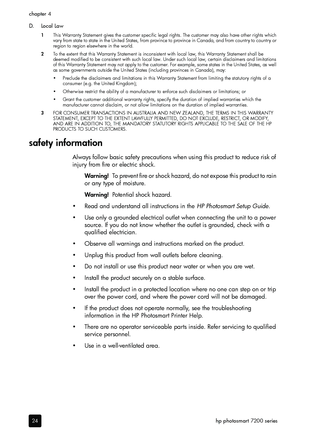 HP 7200 manual Safety information, Chapter Local Law 