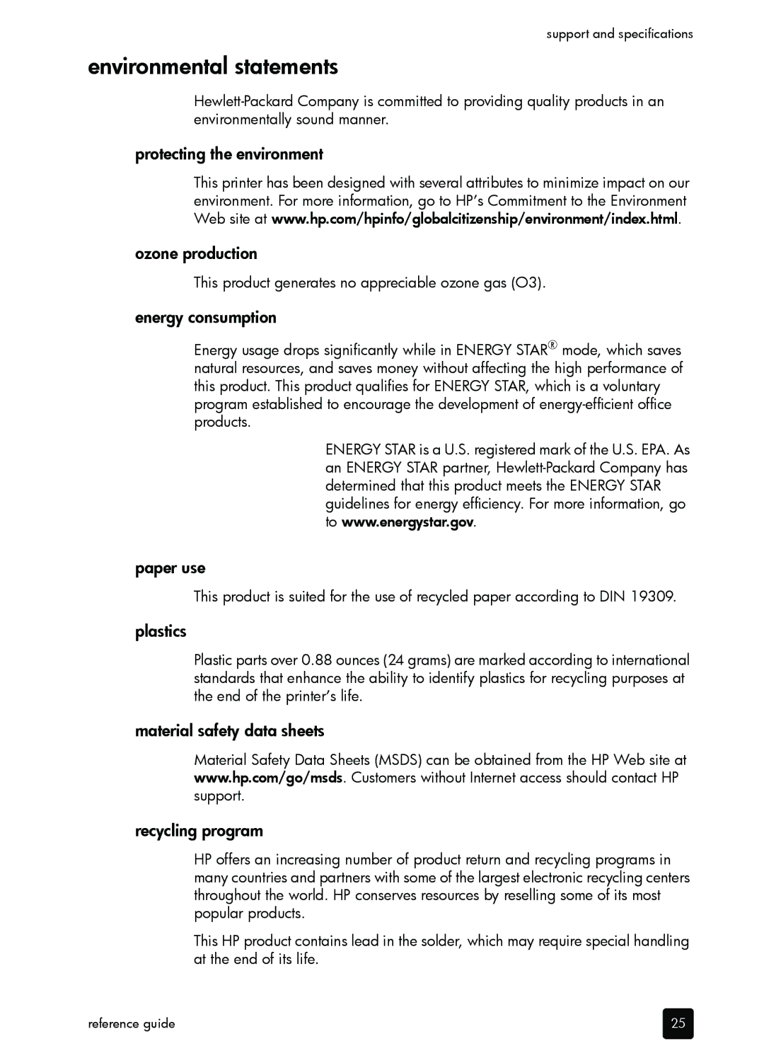 HP 7200 manual Environmental statements 