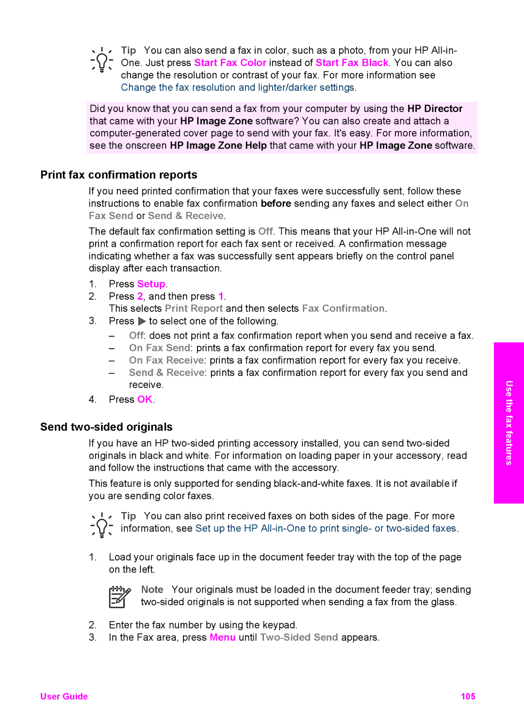 HP 7200 manual Print fax confirmation reports, Send two-sided originals 