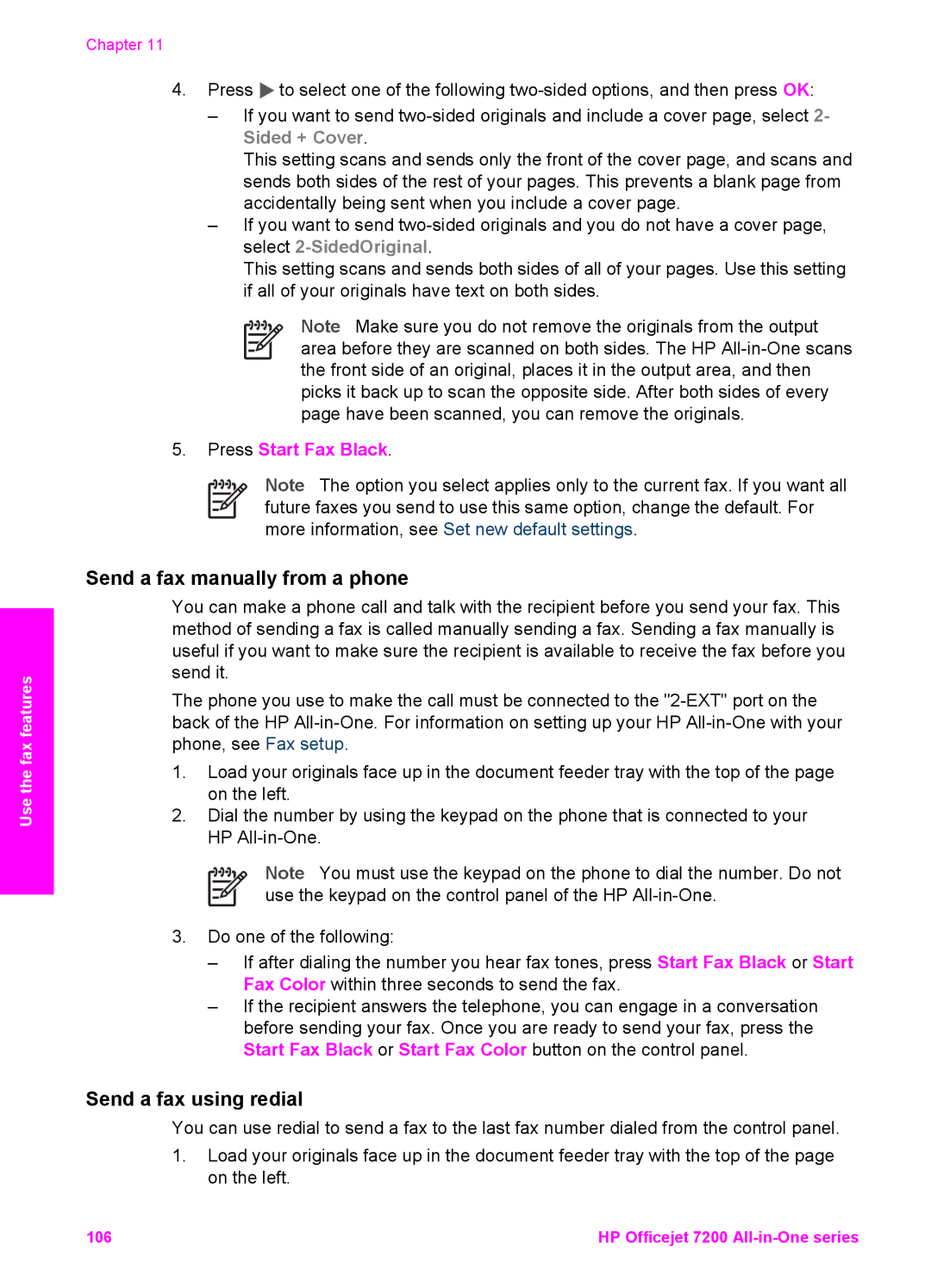 HP 7200 Send a fax manually from a phone, Send a fax using redial 