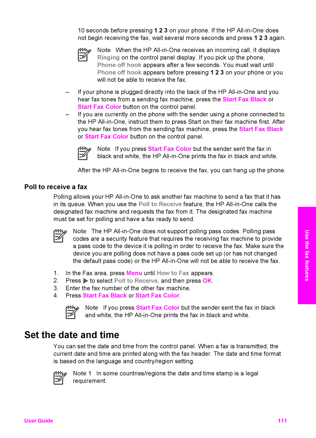 HP 7200 manual Set the date and time, Poll to receive a fax 