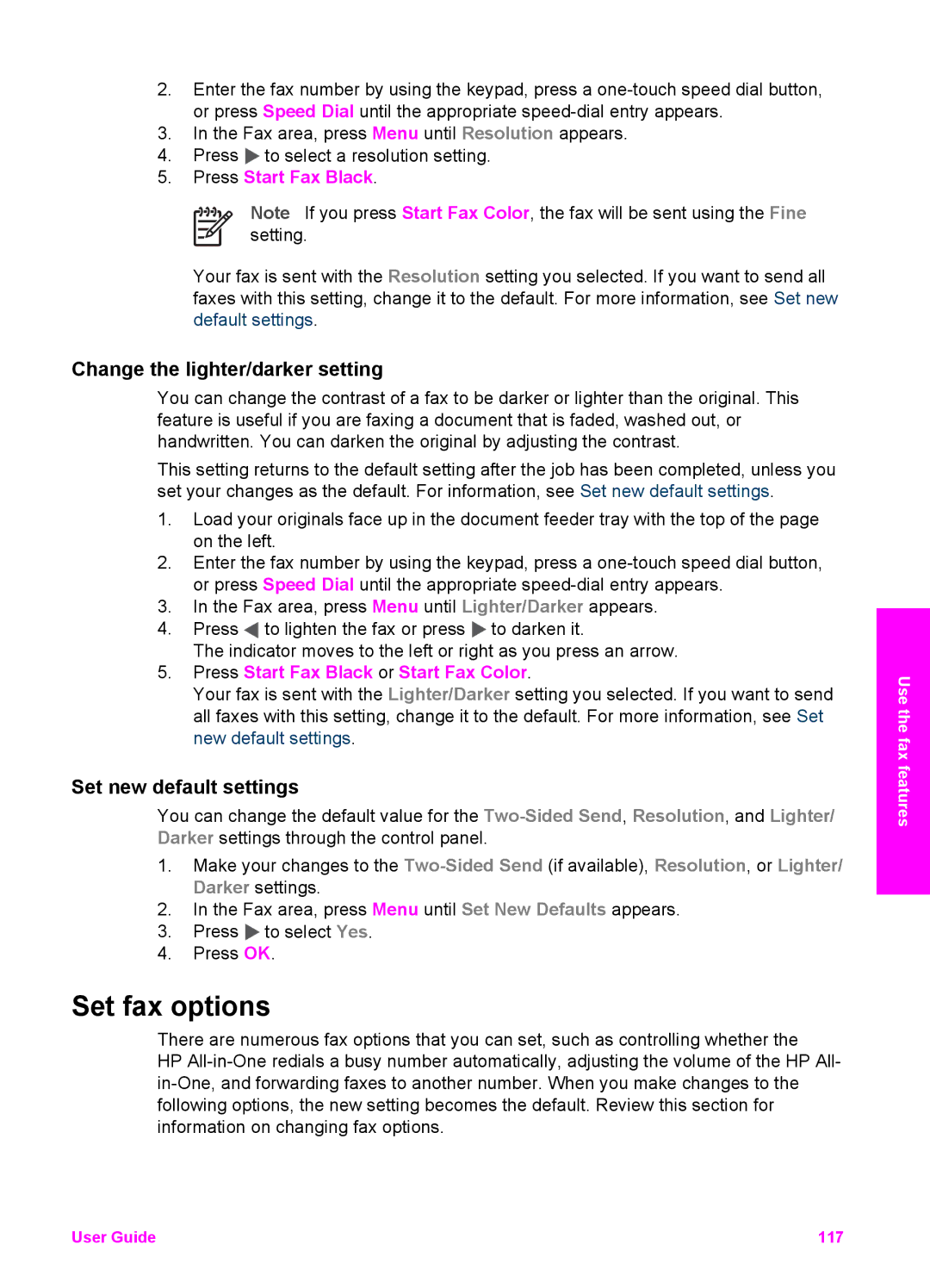 HP 7200 manual Set fax options, Change the lighter/darker setting, Set new default settings 