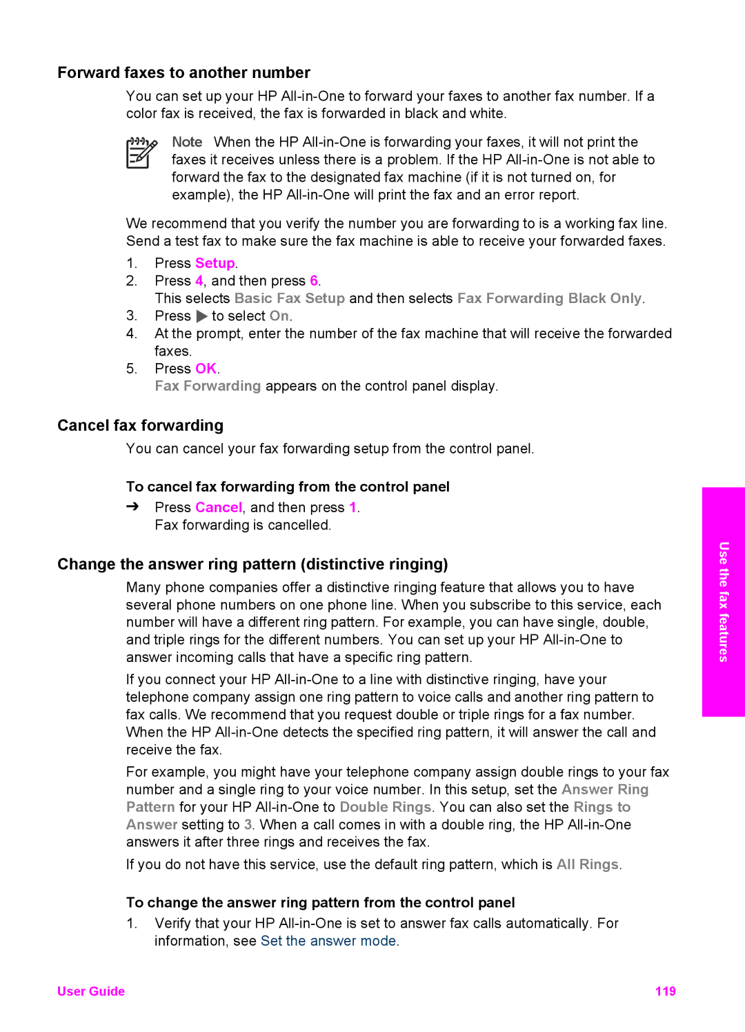 HP 7200 manual Forward faxes to another number, Cancel fax forwarding, Change the answer ring pattern distinctive ringing 