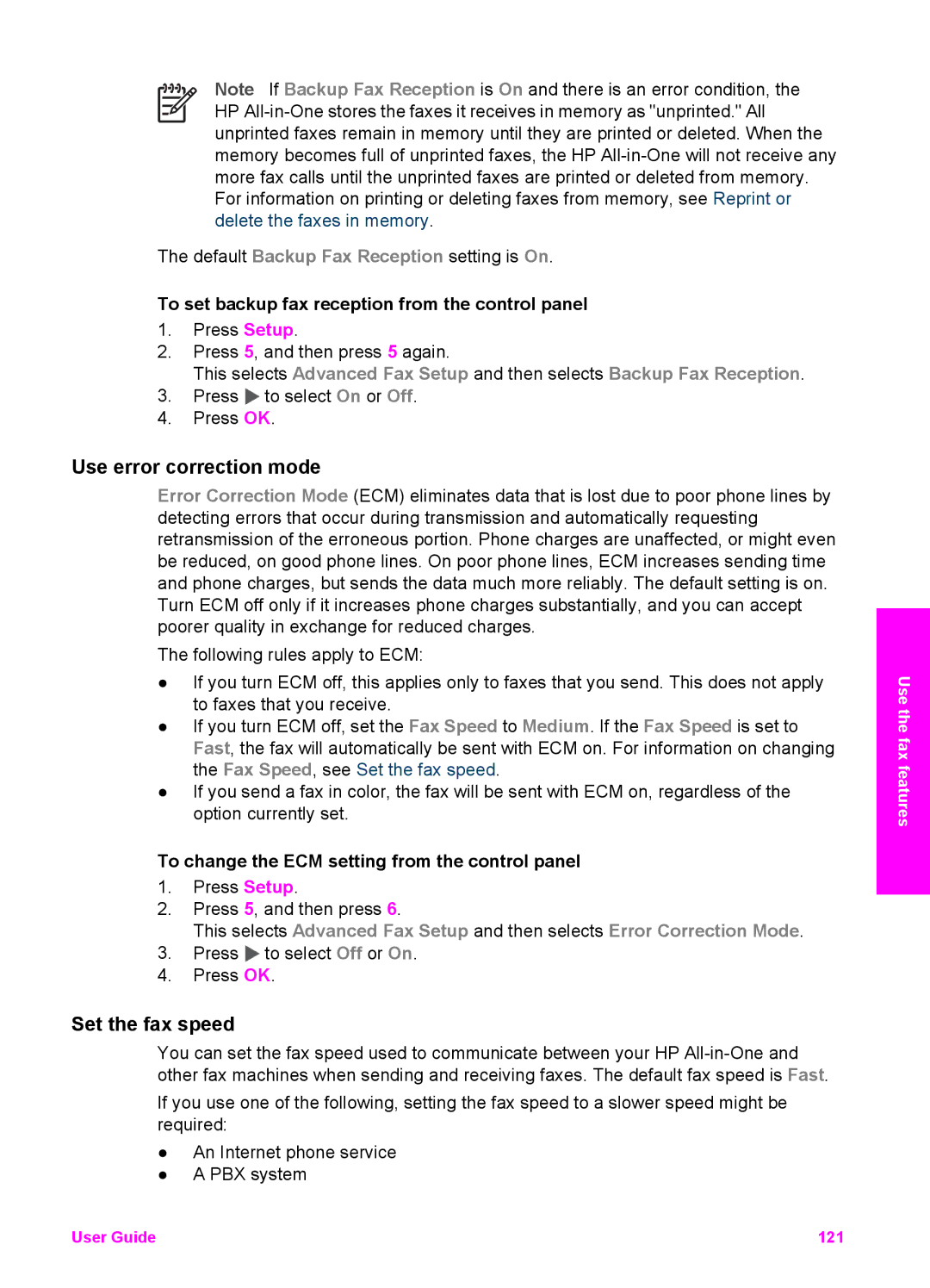 HP 7200 manual Use error correction mode, Set the fax speed, To set backup fax reception from the control panel 