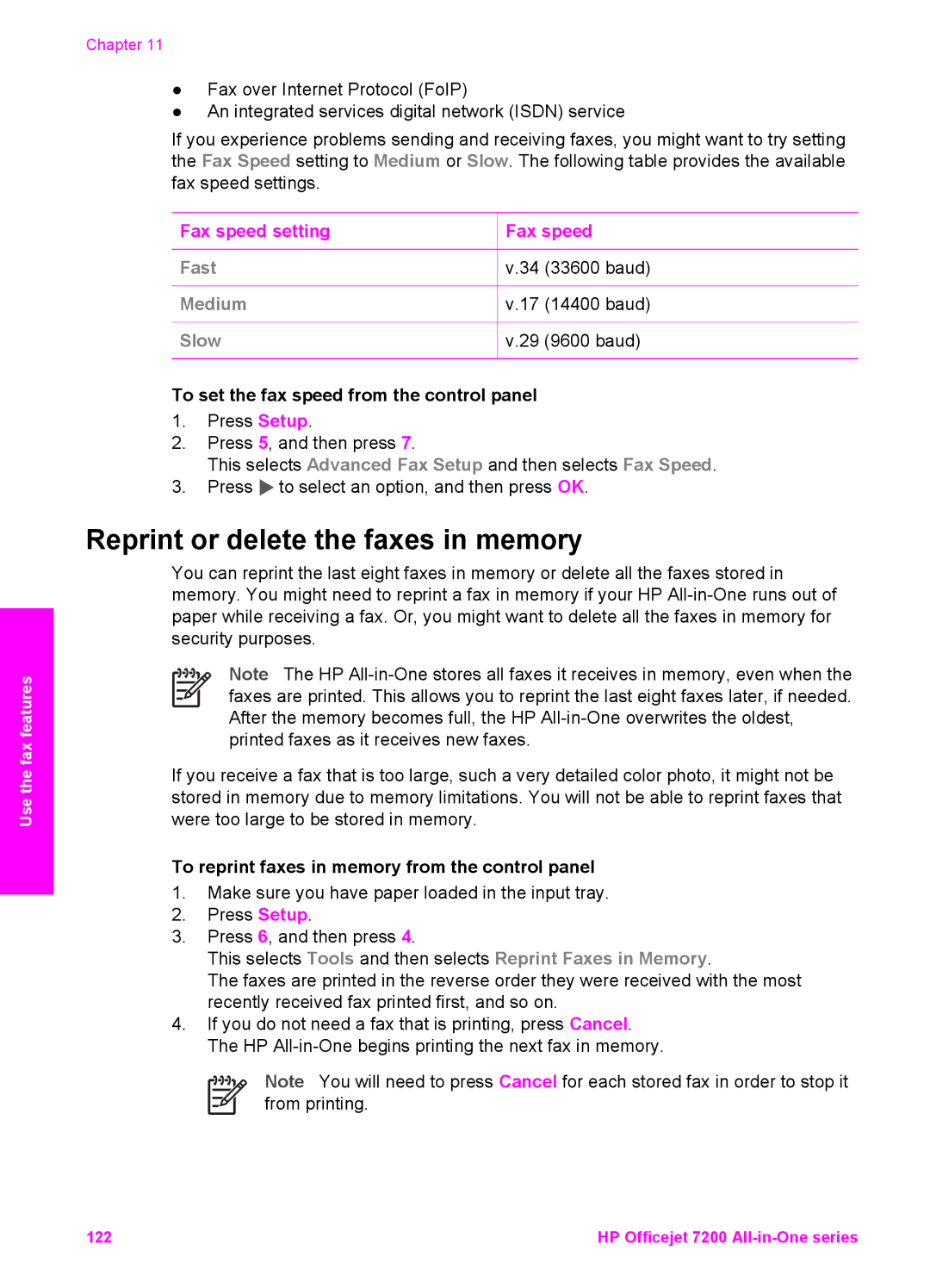 HP 7200 manual Reprint or delete the faxes in memory, Fax speed setting, To set the fax speed from the control panel 