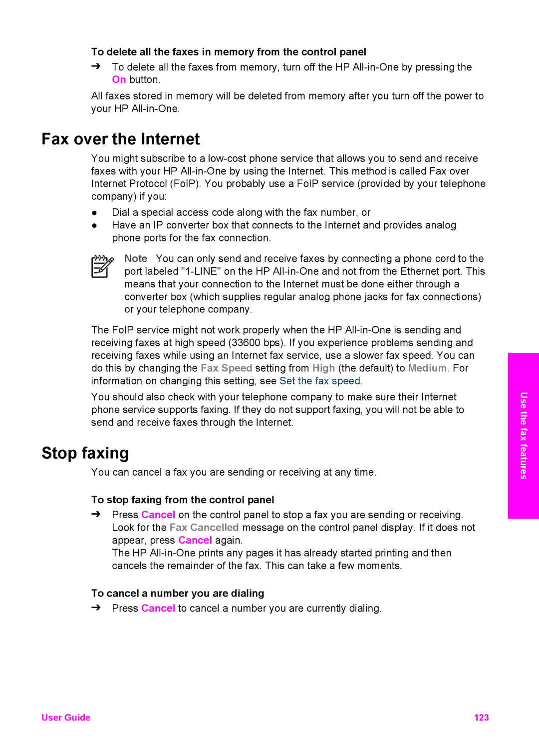 HP 7200 manual Fax over the Internet, Stop faxing, To delete all the faxes in memory from the control panel 