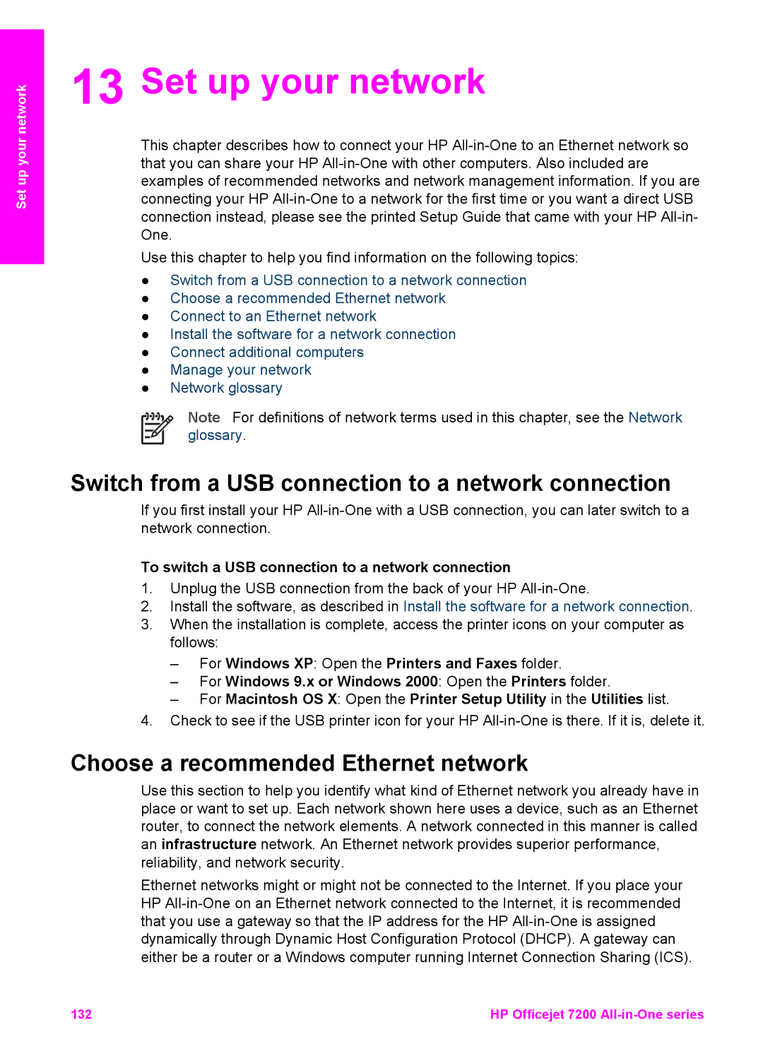 HP 7200 Set up your network, Switch from a USB connection to a network connection, Choose a recommended Ethernet network 