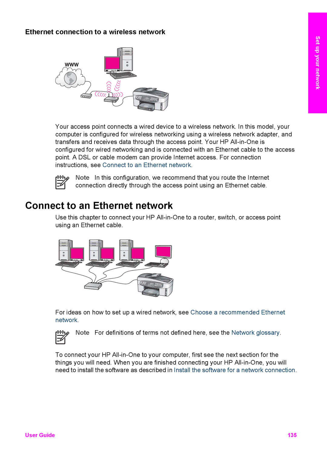 HP 7200 manual Connect to an Ethernet network, Ethernet connection to a wireless network 