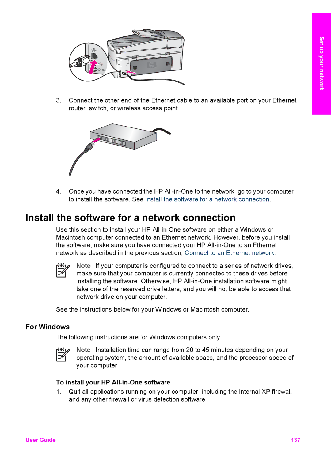 HP 7200 manual Install the software for a network connection, For Windows, To install your HP All-in-One software 