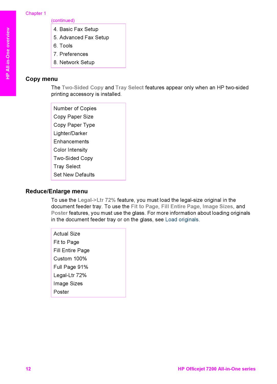 HP 7200 manual Copy menu, Reduce/Enlarge menu 