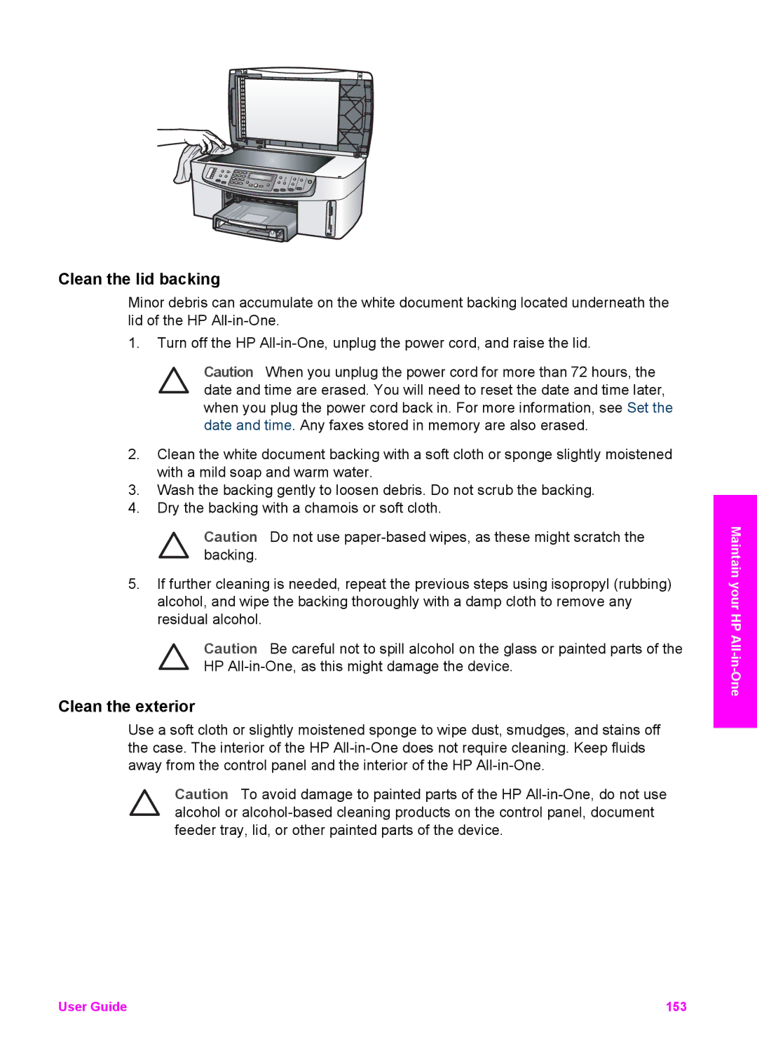 HP 7200 manual Clean the lid backing, Clean the exterior 