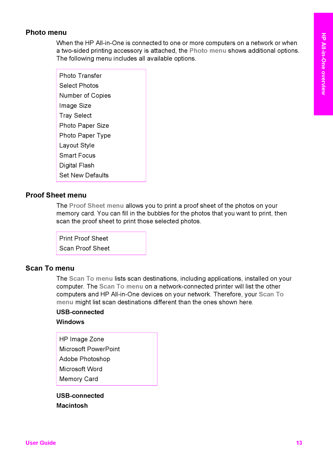 HP 7200 manual Photo menu, Proof Sheet menu, Scan To menu, USB-connected Windows, USB-connected Macintosh 