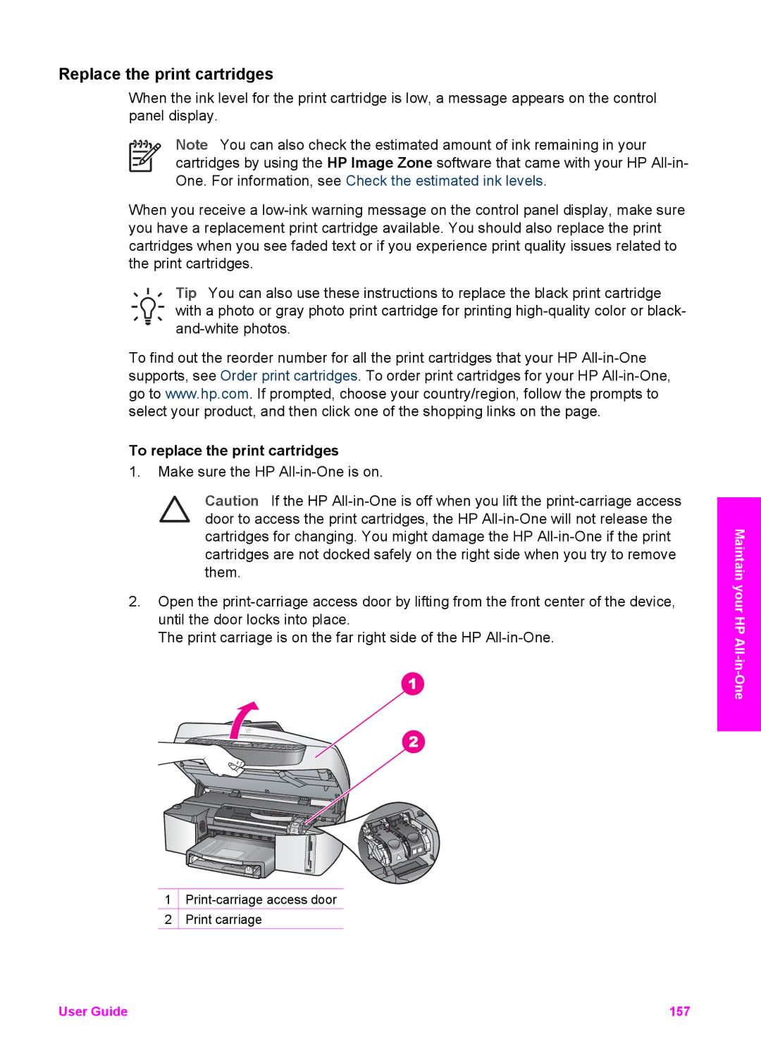 HP 7200 manual Replace the print cartridges, To replace the print cartridges 