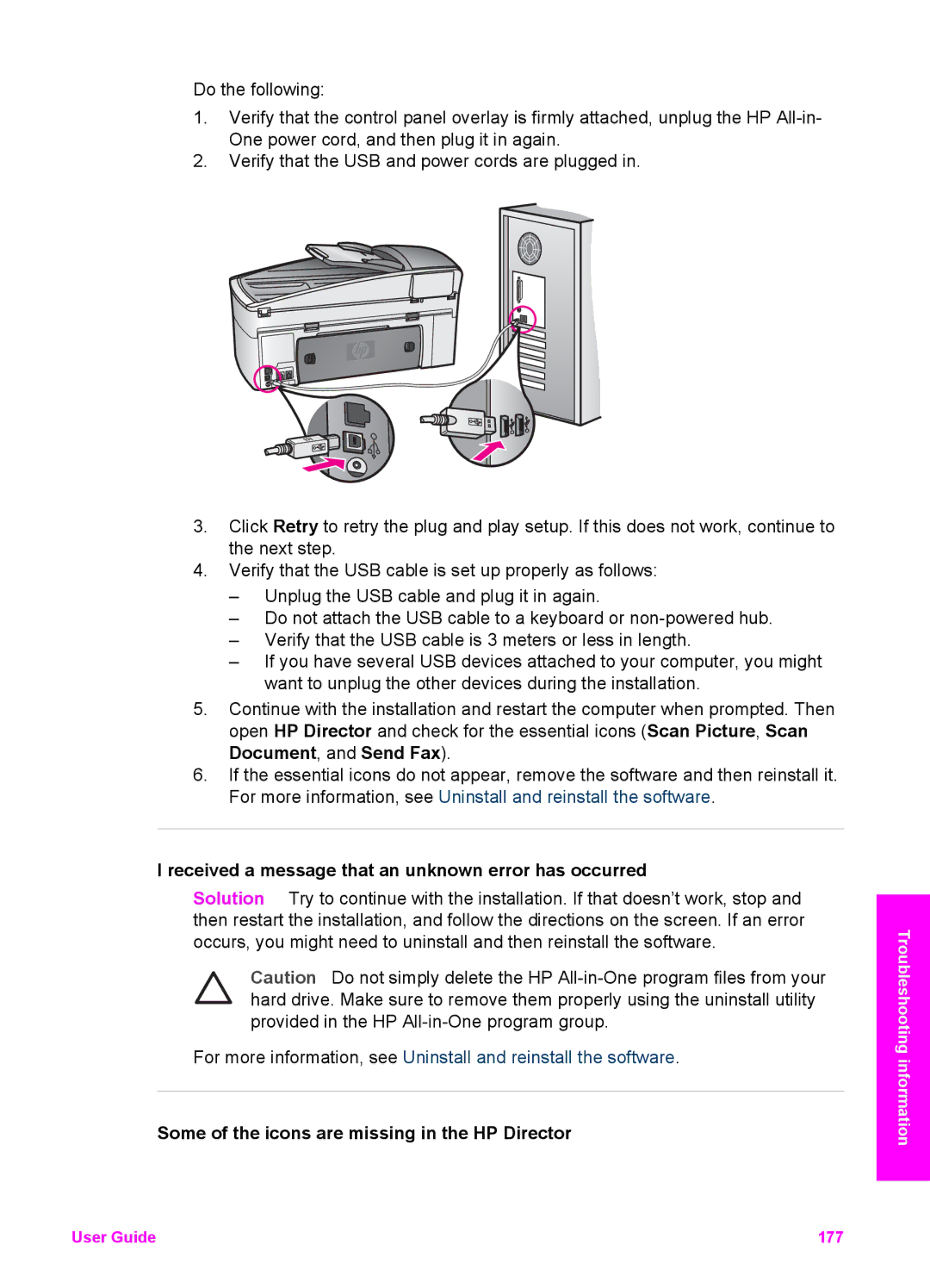 HP 7200 manual Received a message that an unknown error has occurred, Some of the icons are missing in the HP Director 