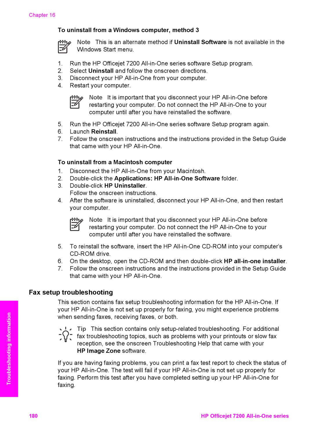 HP 7200 manual Fax setup troubleshooting, Launch Reinstall, To uninstall from a Macintosh computer, HP Image Zone software 