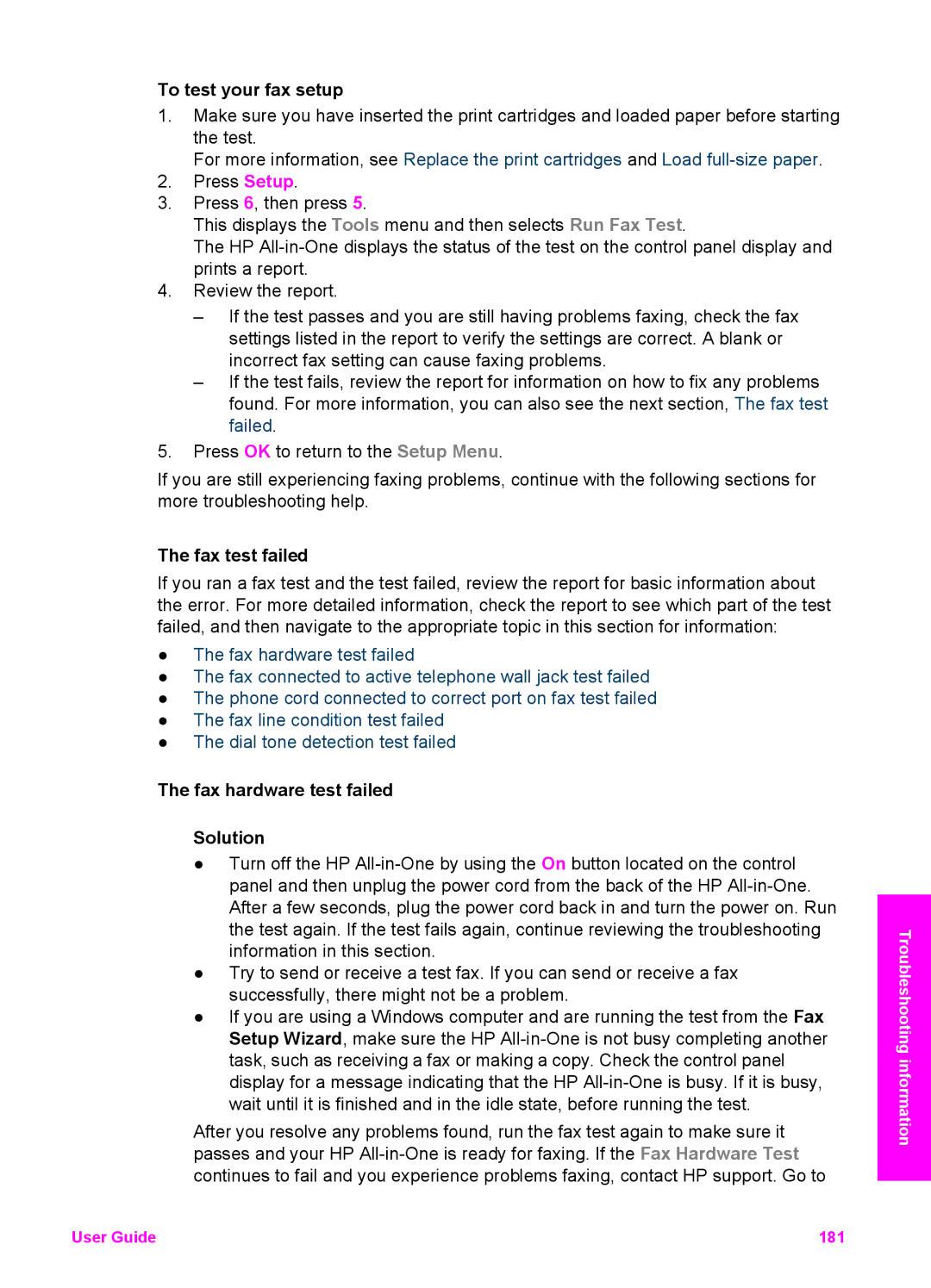 HP 7200 manual To test your fax setup, Fax test failed, Fax hardware test failed Solution 