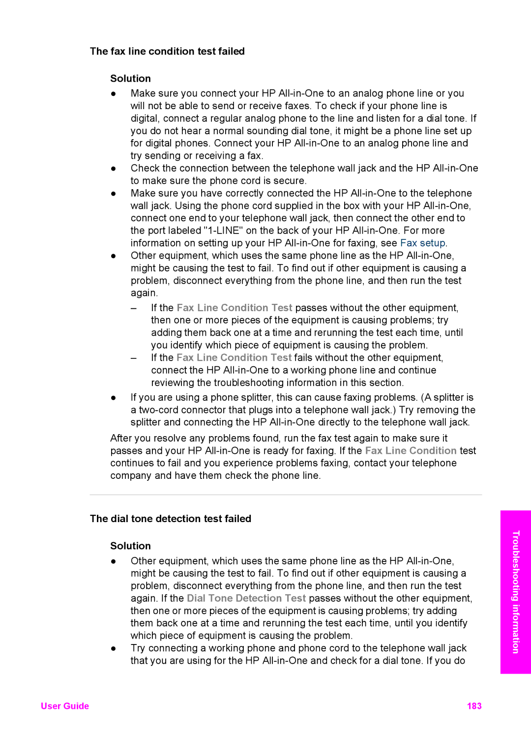 HP 7200 manual Fax line condition test failed Solution, Dial tone detection test failed Solution 