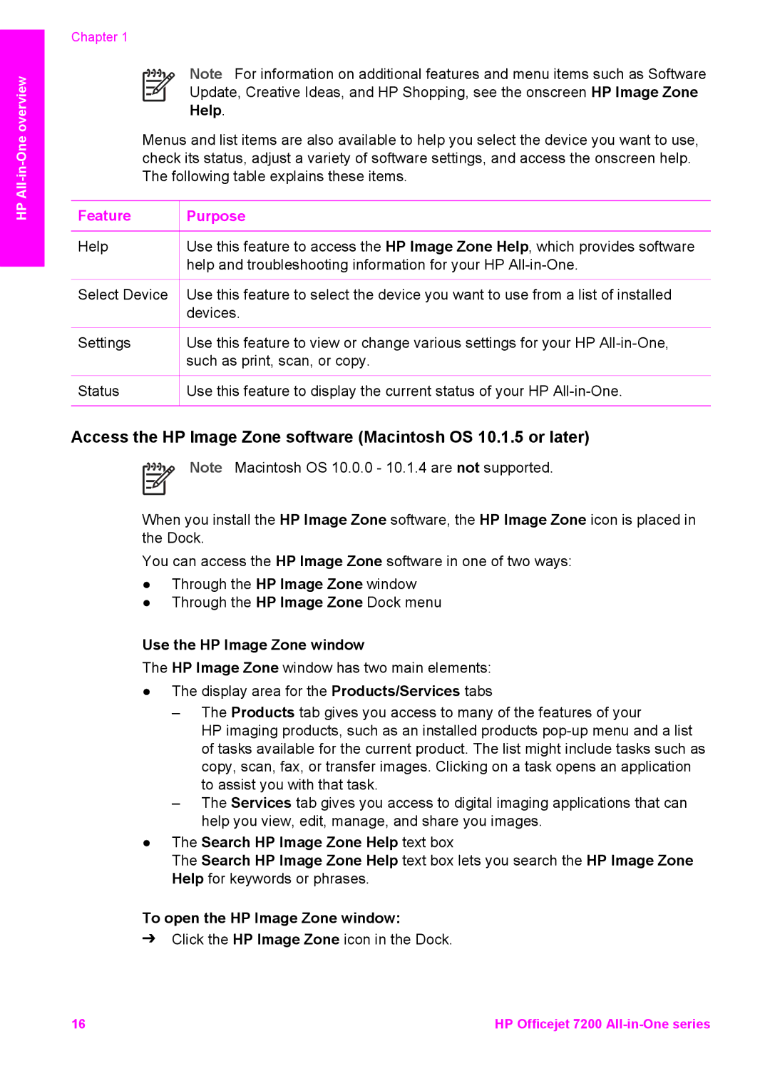 HP 7200 manual Feature Purpose, Use the HP Image Zone window 