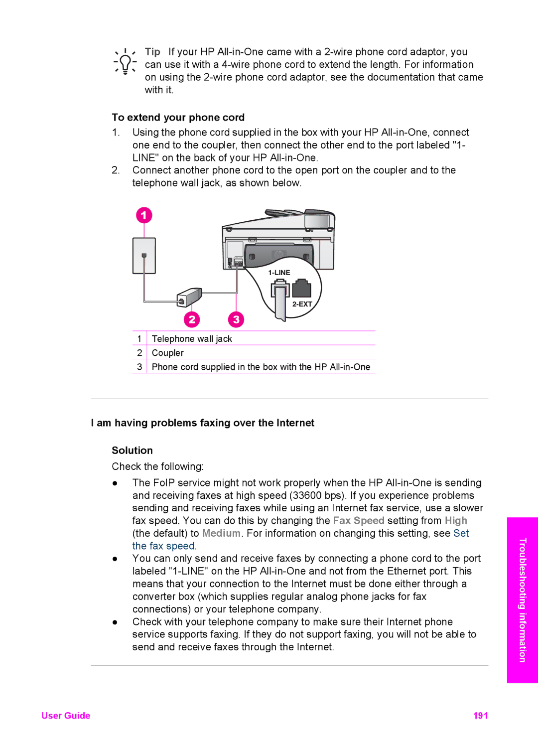 HP 7200 manual To extend your phone cord, Am having problems faxing over the Internet Solution 