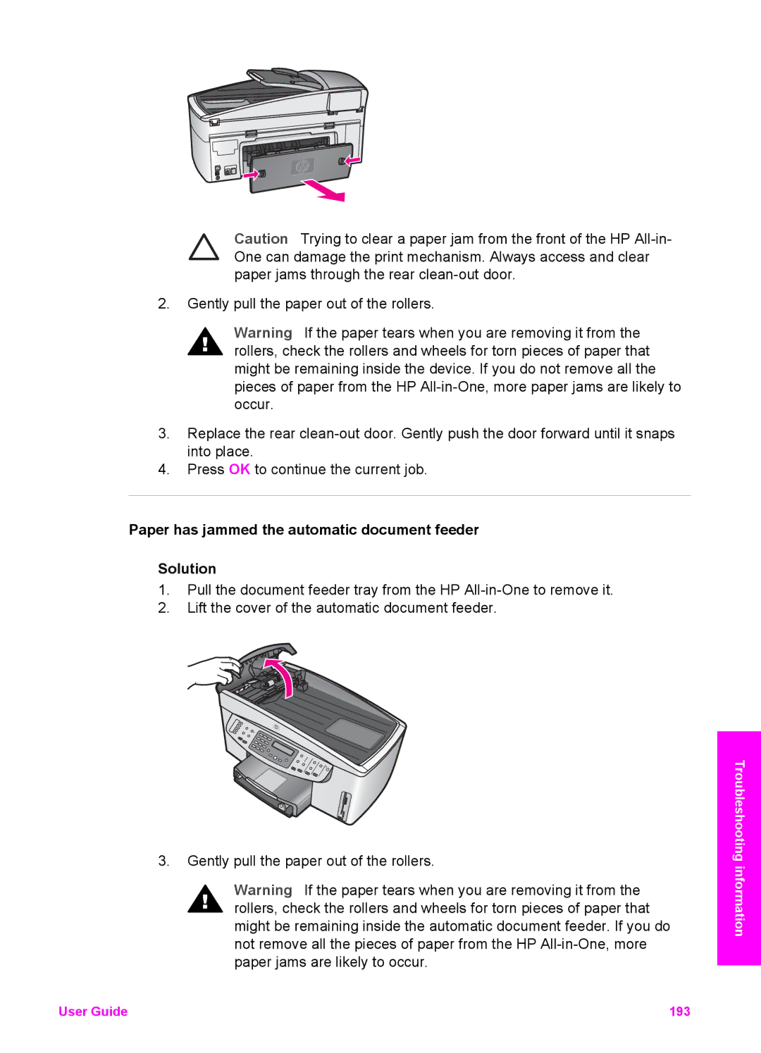 HP 7200 manual Paper has jammed the automatic document feeder Solution 