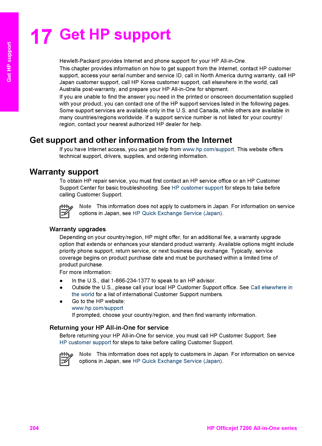 HP 7200 manual Get HP support, Warranty upgrades, Returning your HP All-in-One for service 