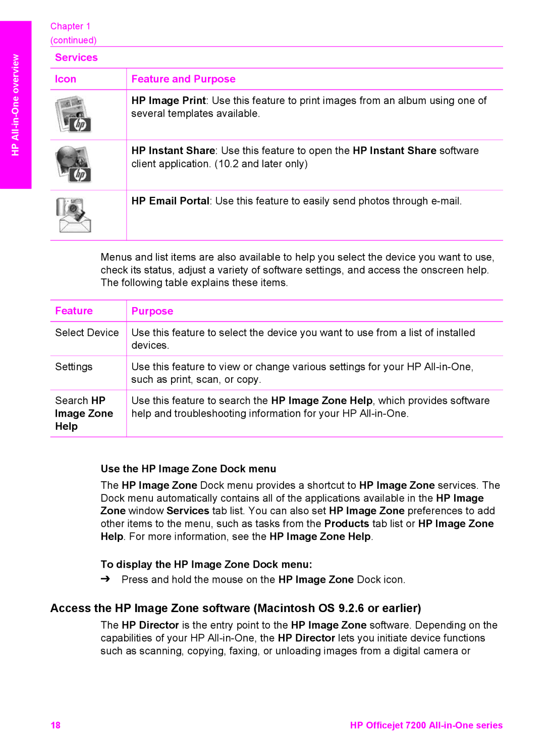 HP 7200 manual Help Use the HP Image Zone Dock menu, To display the HP Image Zone Dock menu 