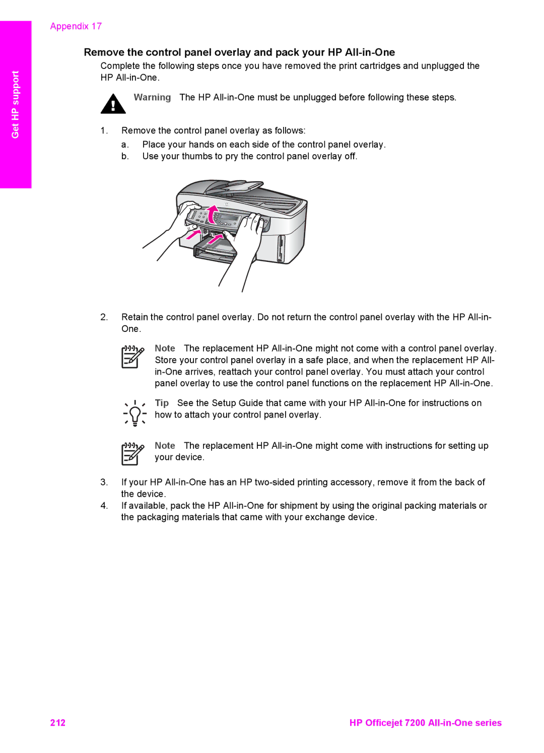 HP 7200 manual Remove the control panel overlay and pack your HP All-in-One 