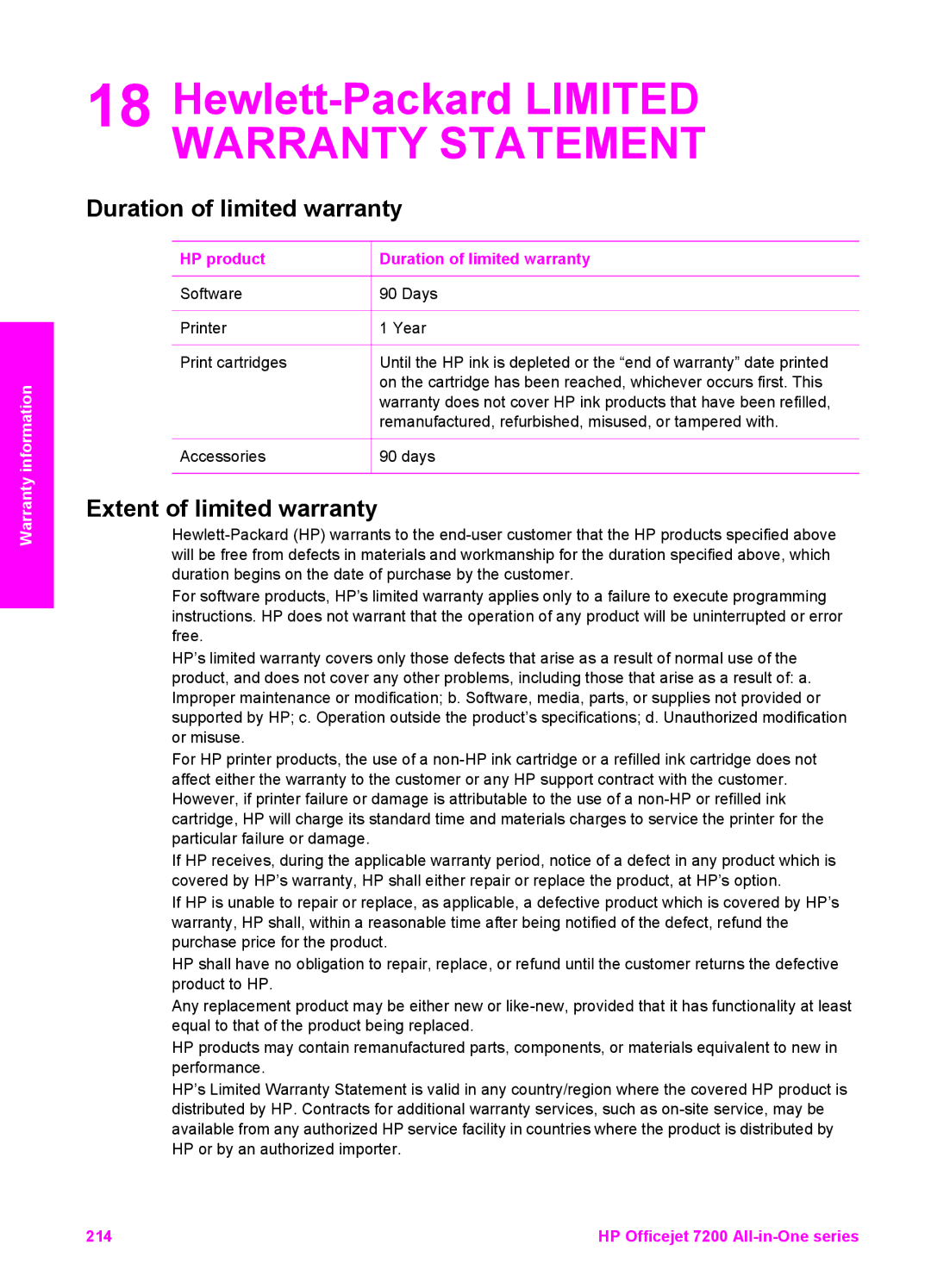 HP 7200 manual Hewlett-Packard Limited Warranty Statement, Duration of limited warranty 