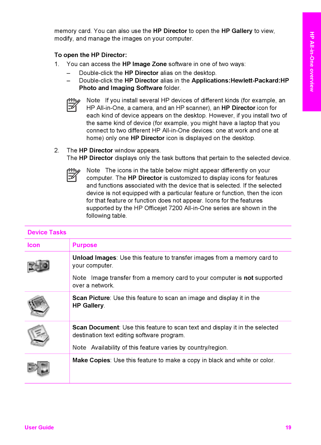 HP 7200 manual To open the HP Director, Device Tasks Icon Purpose 