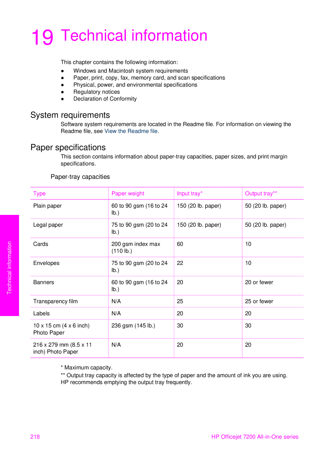 HP 7200 manual Technical information, Paper-tray capacities 