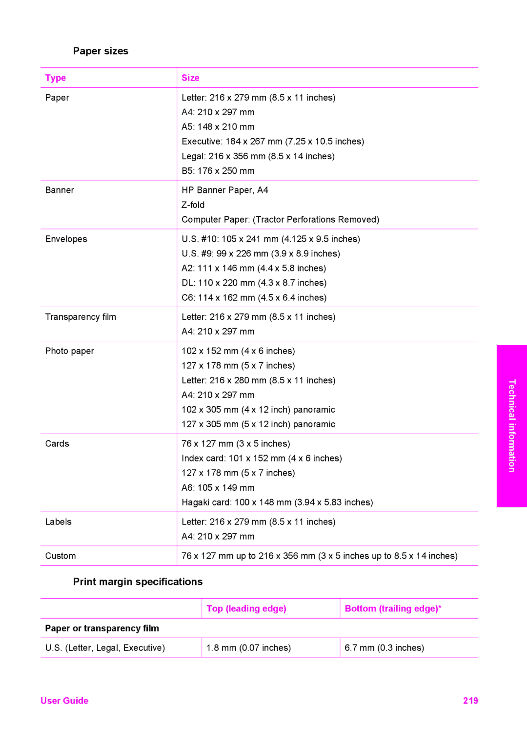 HP 7200 manual Paper sizes, Print margin specifications 