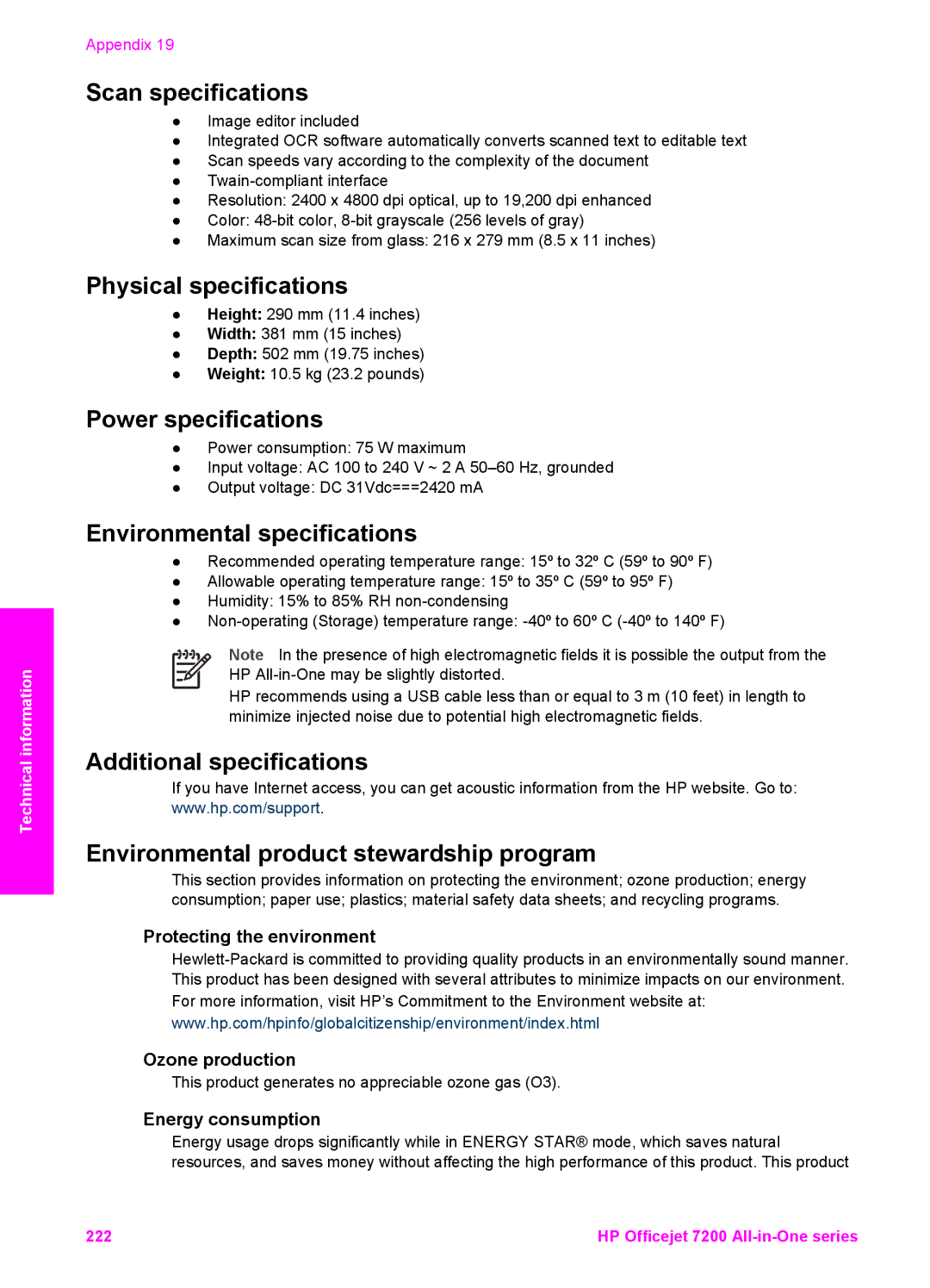 HP 7200 manual Protecting the environment Ozone production, Energy consumption 