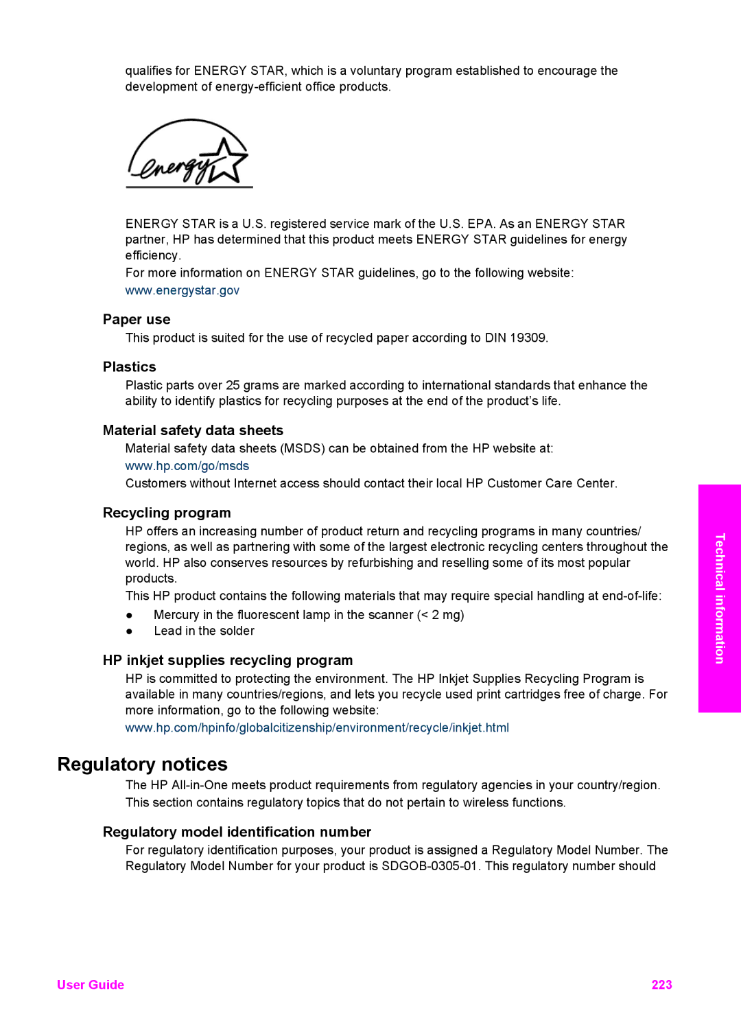 HP 7200 manual Paper use, Plastics, Material safety data sheets, Recycling program, HP inkjet supplies recycling program 