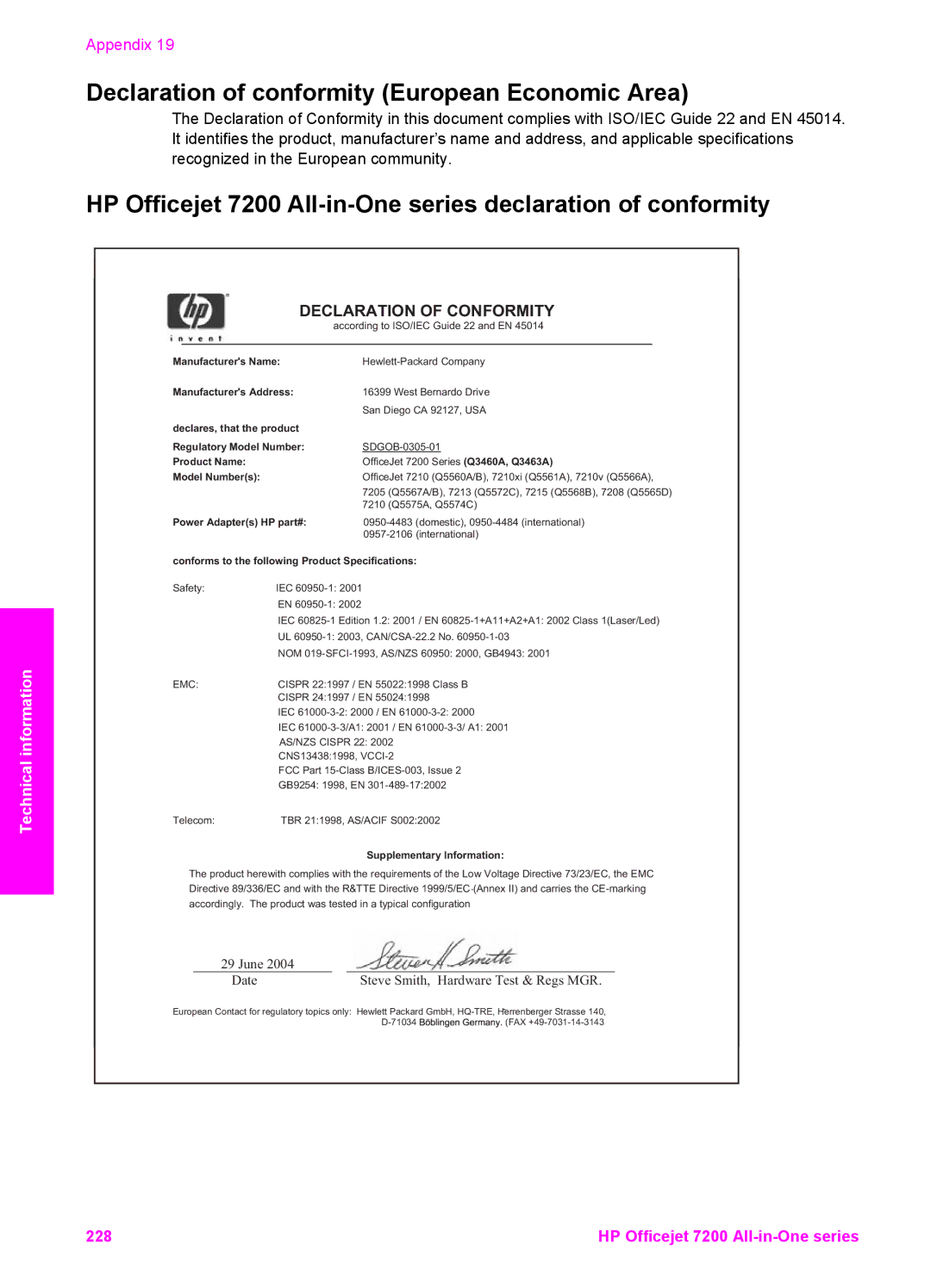 HP 7200 manual Declaration of conformity European Economic Area 