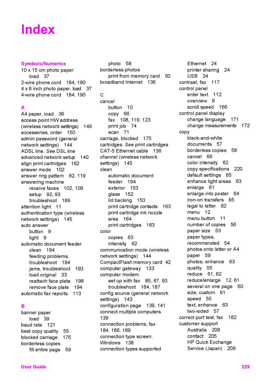 HP 7200 manual Index, Symbols/Numerics 