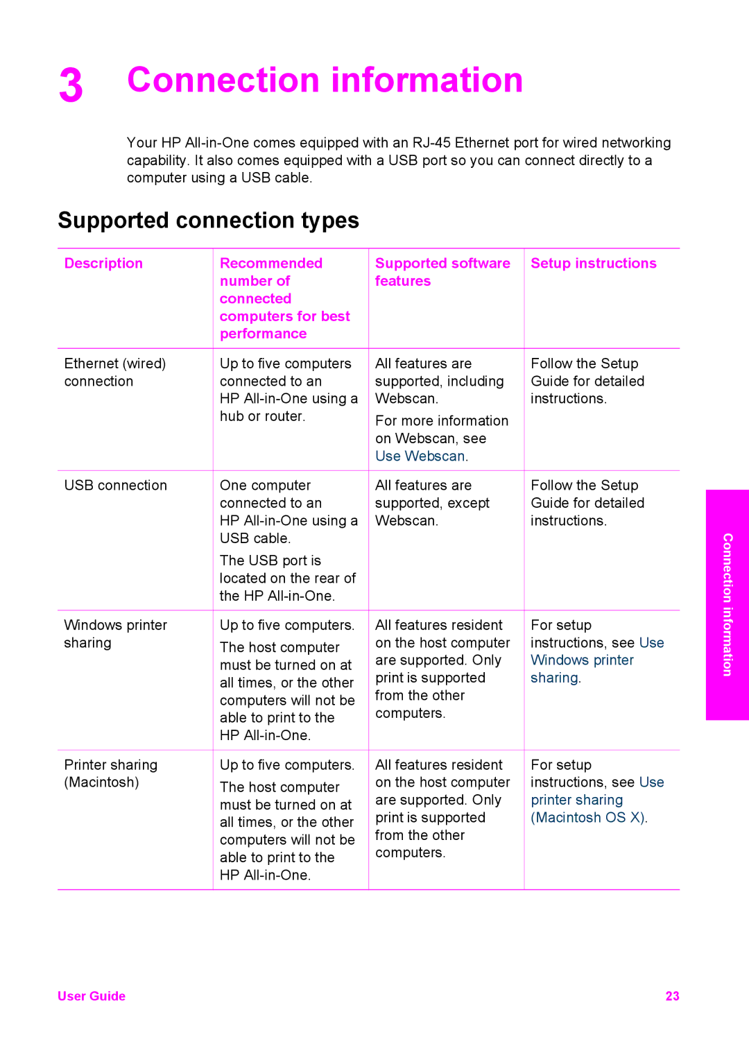 HP 7200 manual Connection information, Supported connection types, Supported software Setup instructions features 