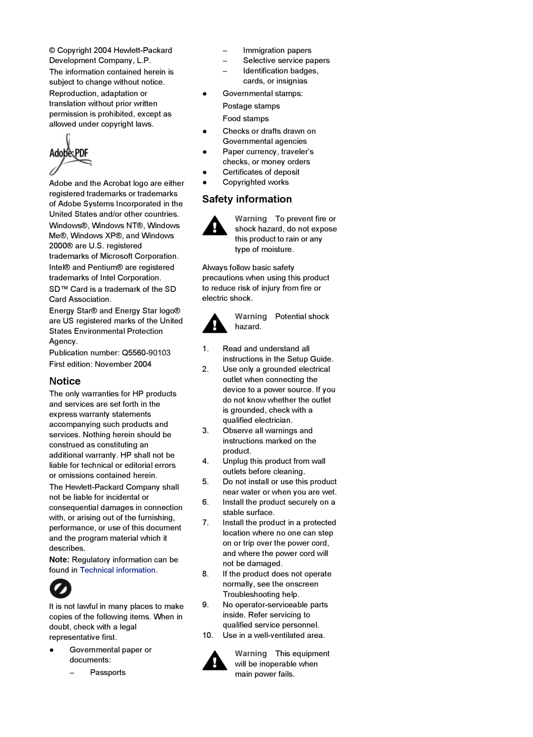 HP 7200 manual Safety information 