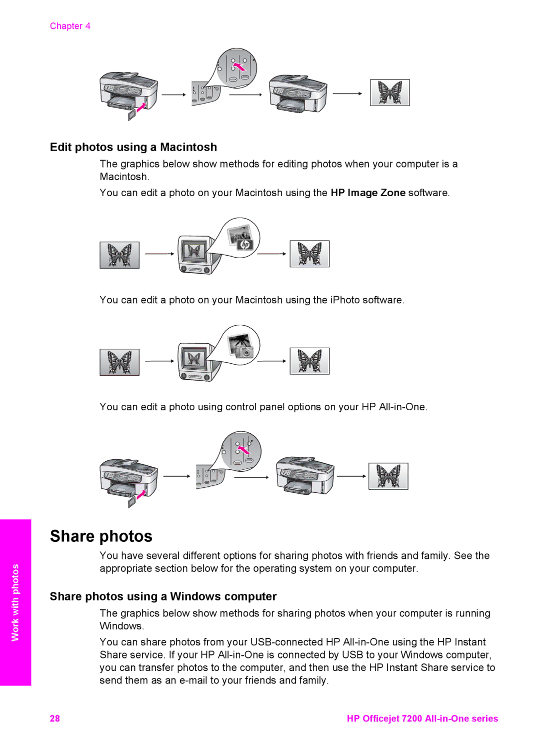 HP 7200 manual Edit photos using a Macintosh, Share photos using a Windows computer 